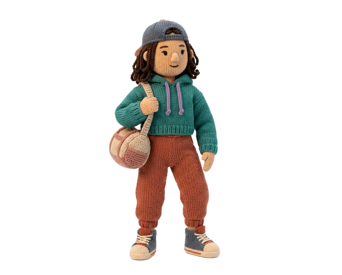 Tia, a knitted SceneTribe graduate character